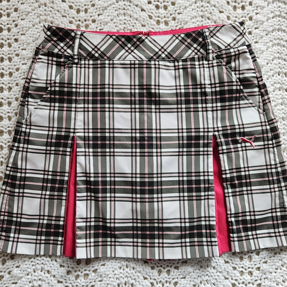Puma Women's Golf Skort Size 4 Plaid White Black Pink